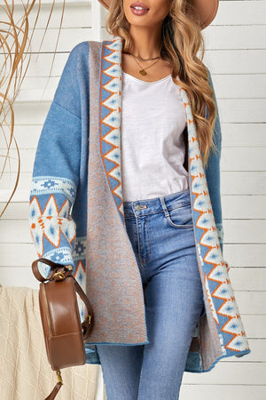 Blue knit open-front cardigan with geometric trim and long sleeves.