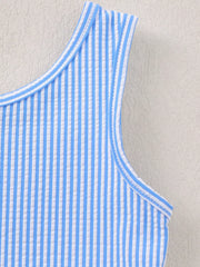 Blue striped seersucker one-piece swimsuit with ruffled trim detail.