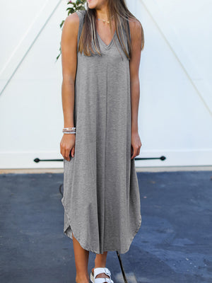 Dark Gray tank midi dress with asymmetrical hemline and V-neck.
