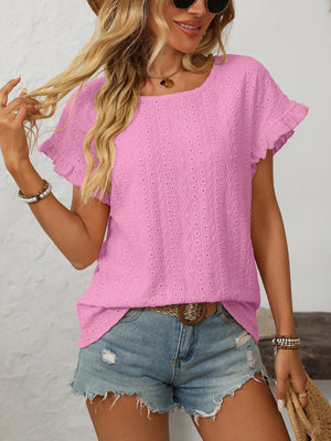 Ruffled sleeve eyelet knit top in watermelon pink with a scoop neck.