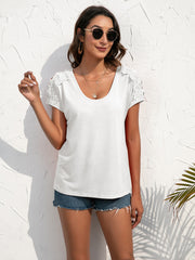 White t-shirt with lace shoulder detail and scoop neck.