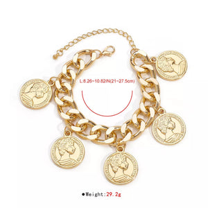 Chunky gold-plated chain bracelet with coin charms and adjustable clasp.