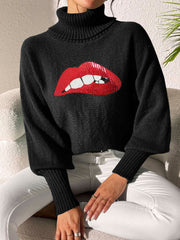 Black turtleneck sweater with sequin red lips detail and balloon sleeves