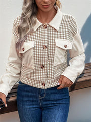 Beige houndstooth corduroy panel jacket with buttoned chest pockets and collar.