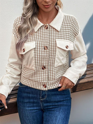 Beige houndstooth corduroy panel jacket with buttoned chest pockets and collar.