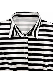 Black and white striped collared button-front romper ensemble detail