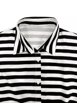 Black and white striped collared button-front romper ensemble detail