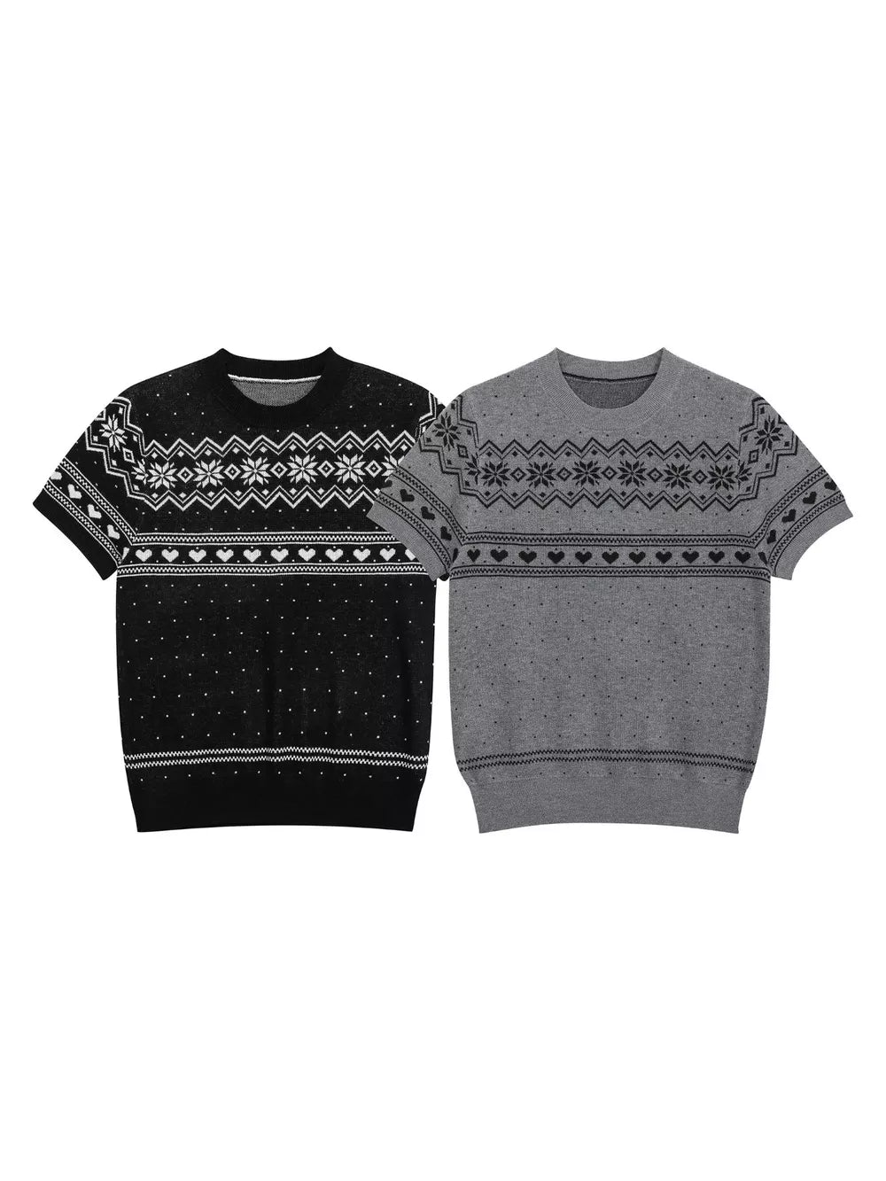 Men's Short-sleeve Fair Isle Knit Top in Grey, model styling view
