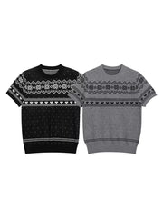 Men's Short-sleeve Fair Isle Knit Top in Grey, model styling view