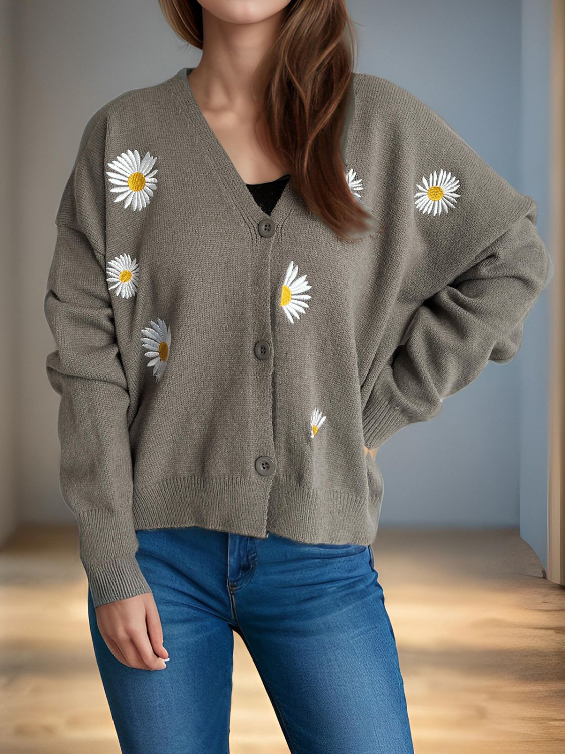 Gray oversized knit cardigan with embroidered daisies, V-neck, button front