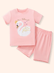 Pink swan print toddler tee and shorts set with crown detail.