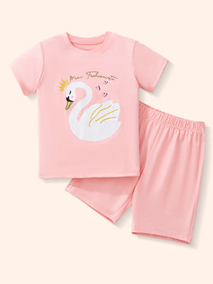 Pink swan print toddler tee and shorts set with crown detail.