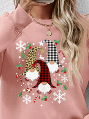 Blush pink raglan sweatshirt with festive gnome graphic, snowflakes, and candy canes.