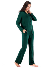 Green piped trim pajama set with pockets, long sleeve button-up top and pants.