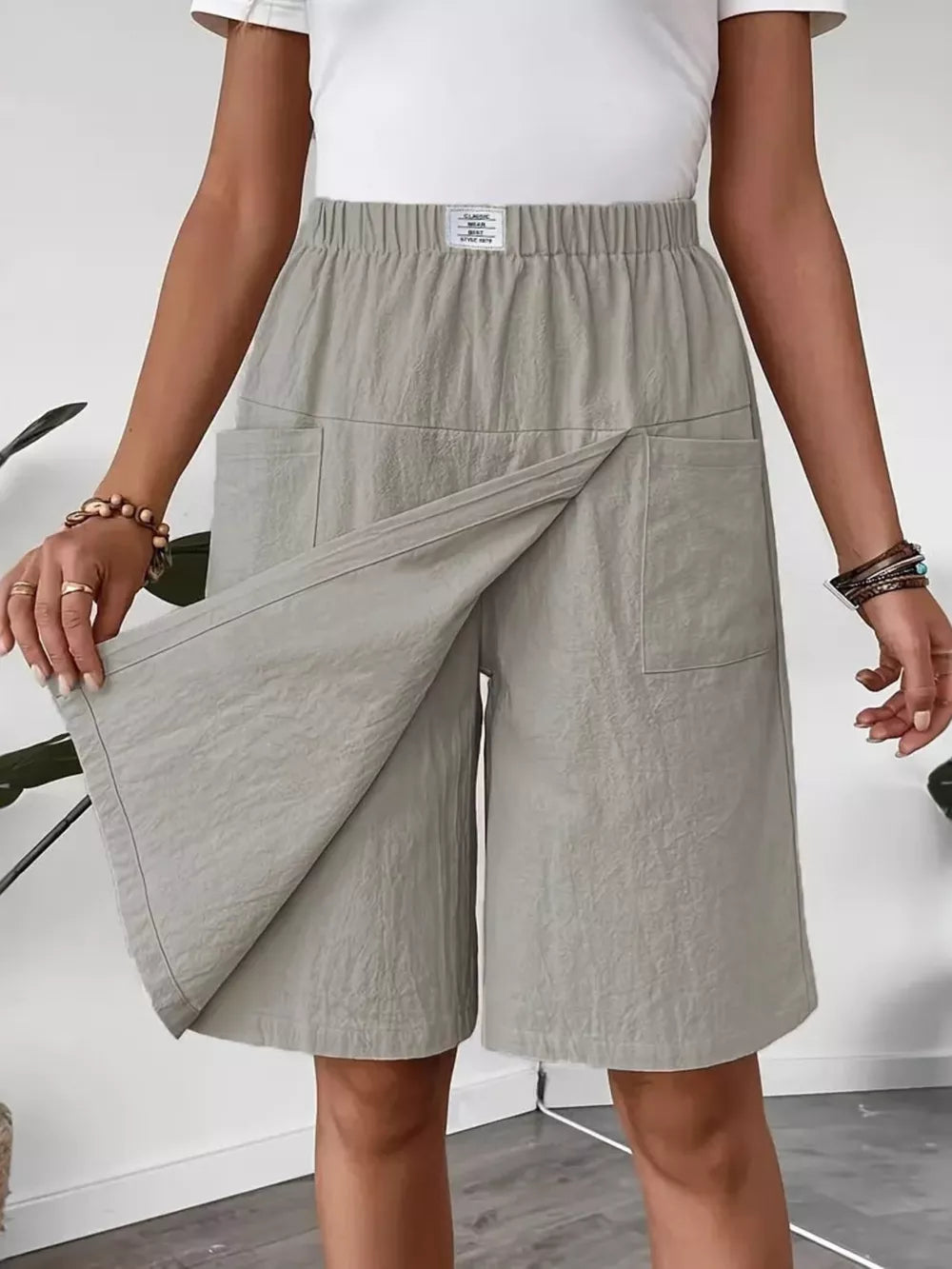 Elastic Waist Wrap Skort in Light Gray, front view