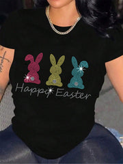Black t-shirt with rhinestone Easter bunnies and text graphic