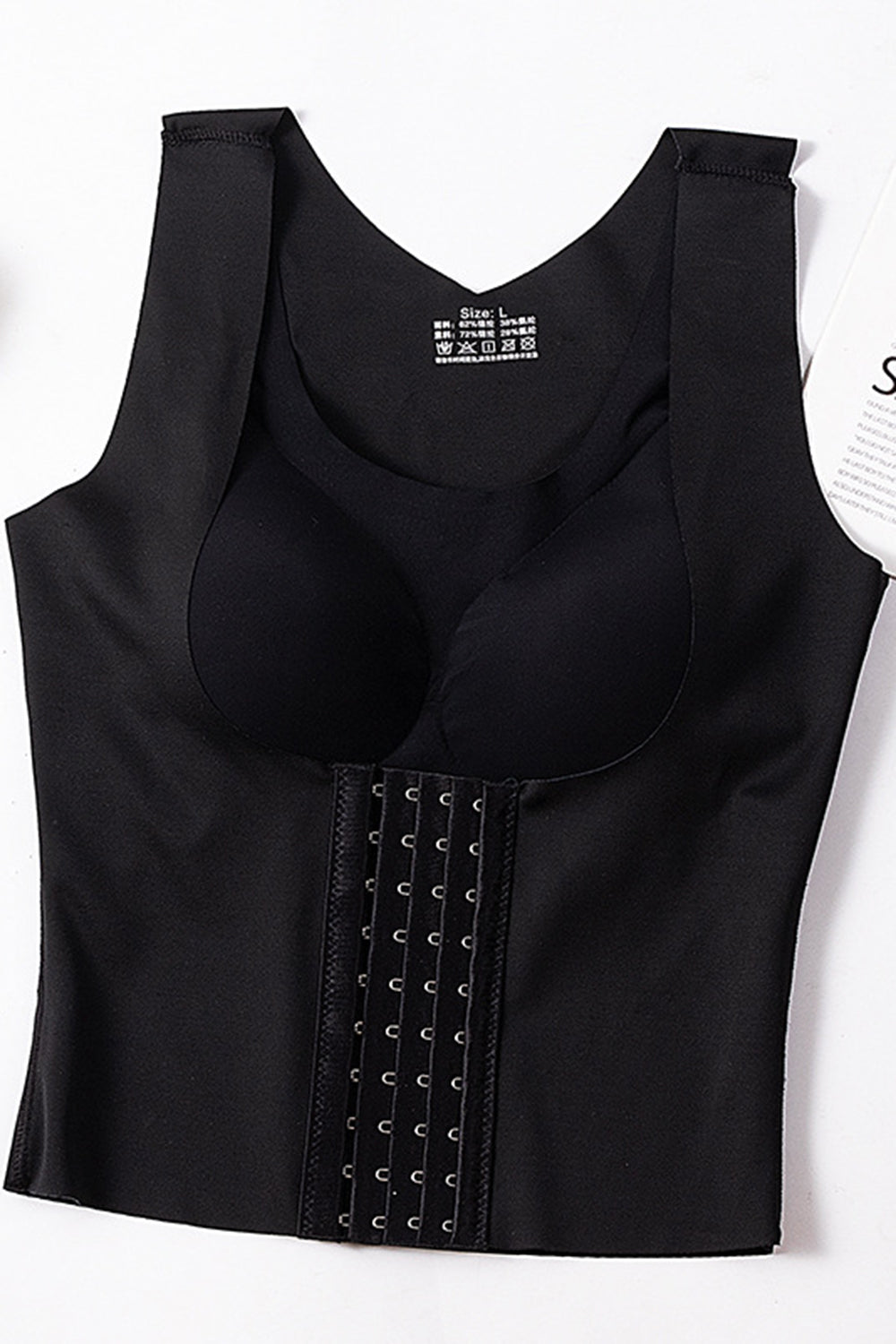 Black sculpting bodice tank top with hook-and-eye closure and built-in bra cups.