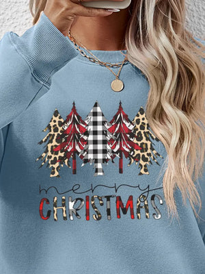 Crewneck sweatshirt in Misty Blue with Christmas trees in buffalo plaid, leopard print, and red plaid.
