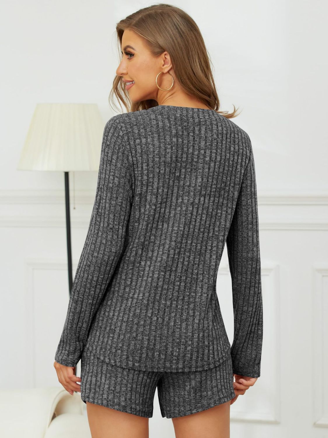 Dark Gray ribbed Henley lounge set with long sleeves and shorts.