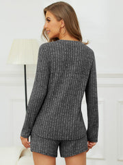Dark Gray ribbed Henley lounge set with long sleeves and shorts.