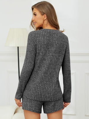Dark Gray ribbed Henley lounge set with long sleeves and shorts.