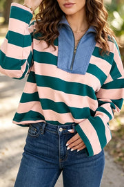 Stripe Quarter-zip Metal Zipper Top, front view