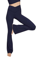 V-waist flare leggings in Peacock Blue, showing the V-shaped waistband and flared leg opening.