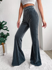 Textured corduroy bell bottom trousers in Teal, featuring a high waist and flared leg.
