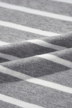 Light gray and white striped knit t-shirt with a boxy fit and contrast trim detail.