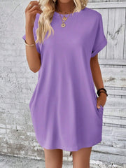Relaxed lavender tee dress with cuffed sleeves and pockets