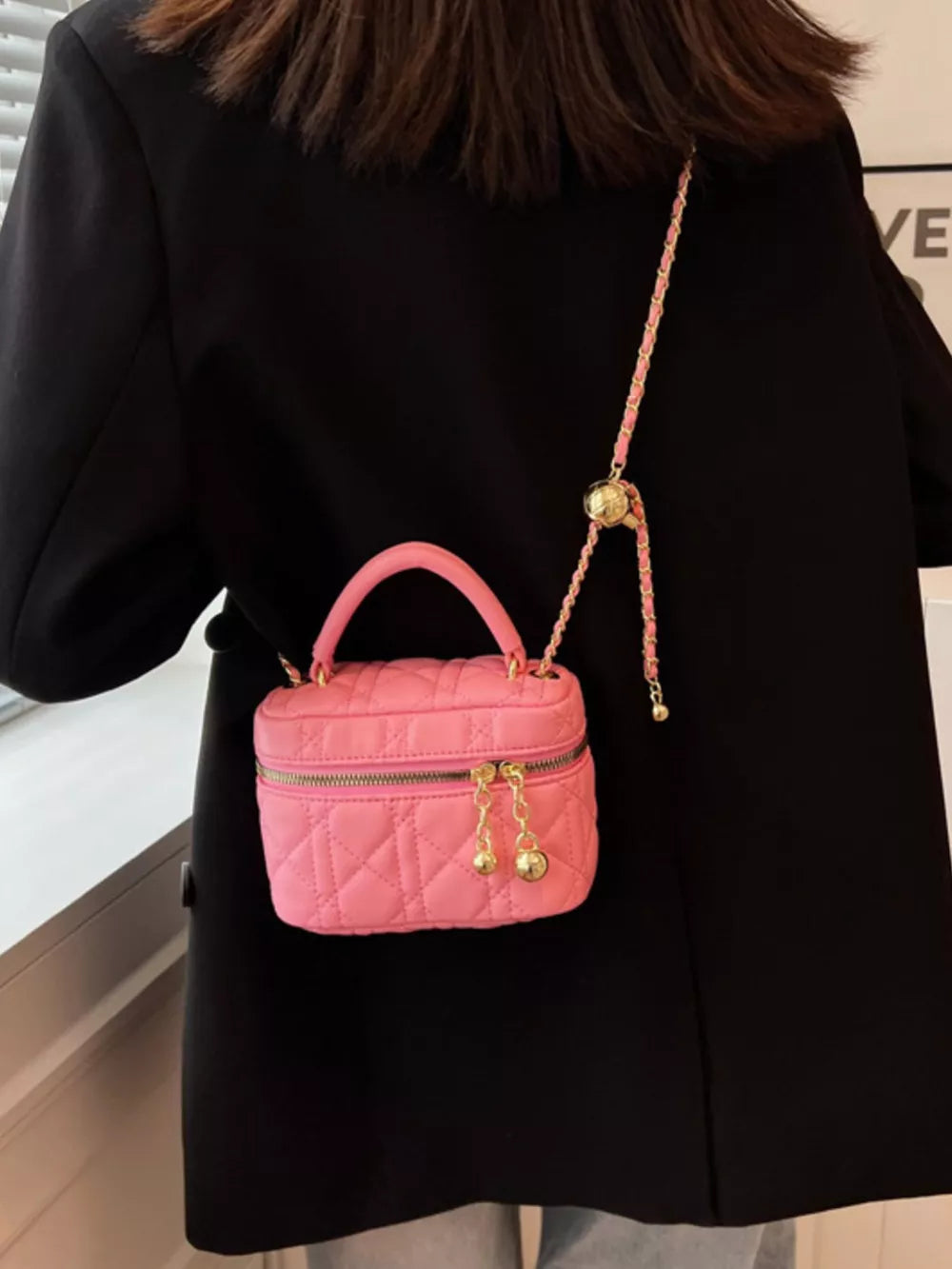 Quilted Mini Top Handle Crossbody Bag in Hot Pink, back view