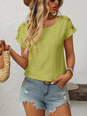 Yellow-green eyelet knit tee with shoulder buttons and short sleeves