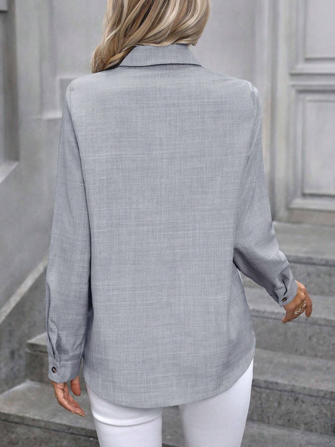 Light Gray linen-blend button-down shirt with long sleeves and button cuffs.