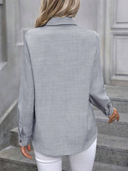 Light Gray linen-blend button-down shirt with long sleeves and button cuffs.