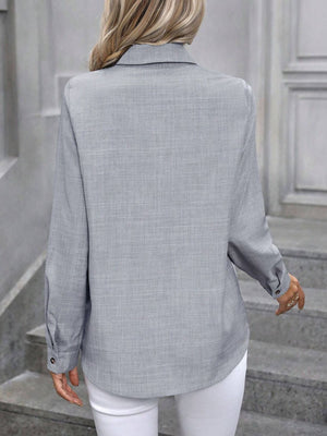 Light Gray linen-blend button-down shirt with long sleeves and button cuffs.