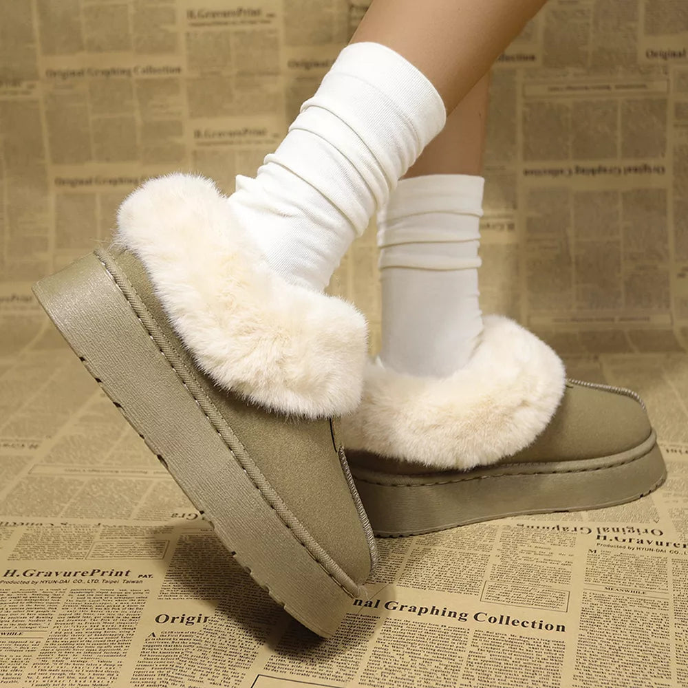Plush suede platform slippers in matcha green with cream faux fur trim and white slouch socks.