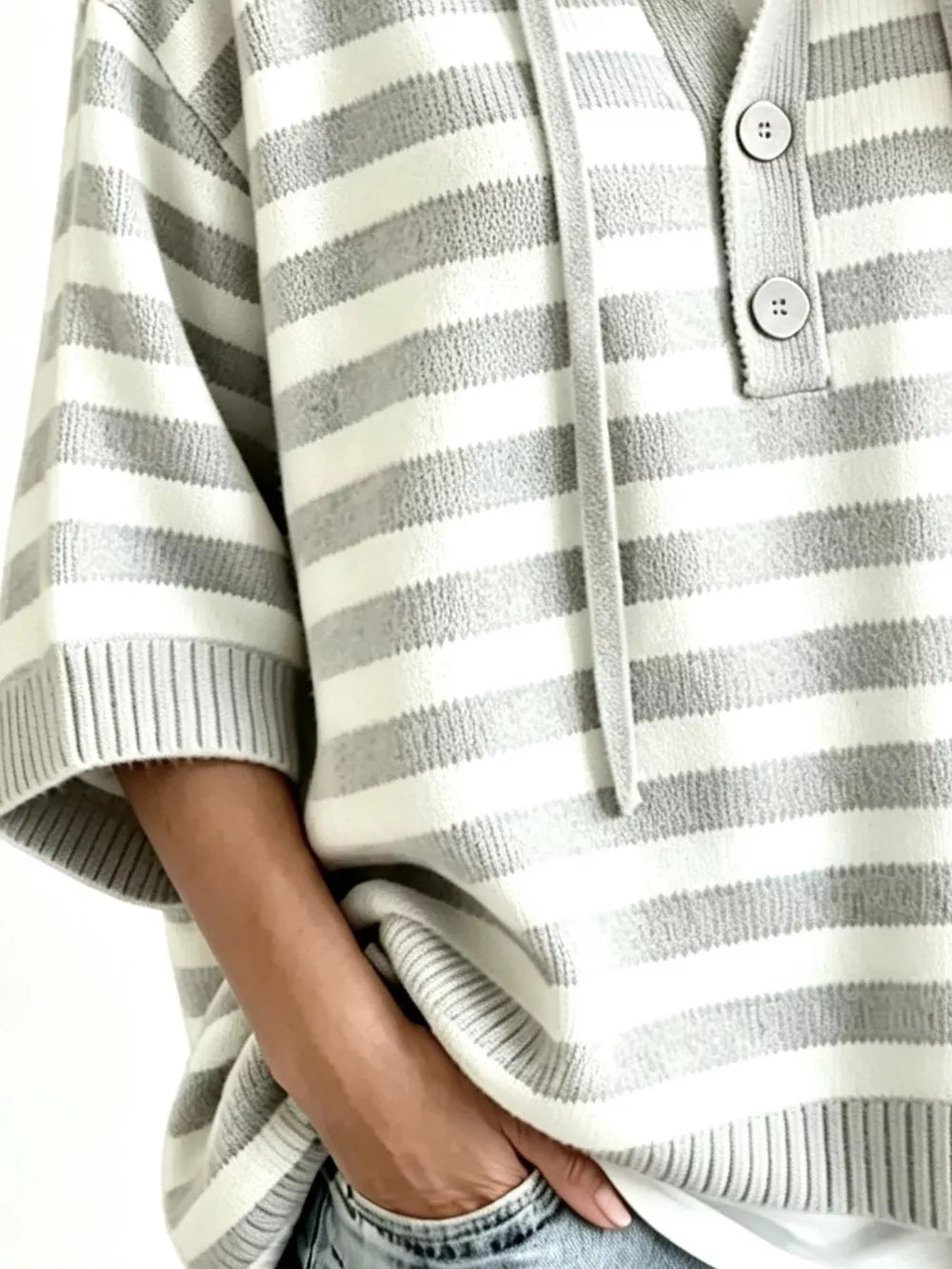 Striped Hooded Sweater With Button Detail in Blue, fabric detail
