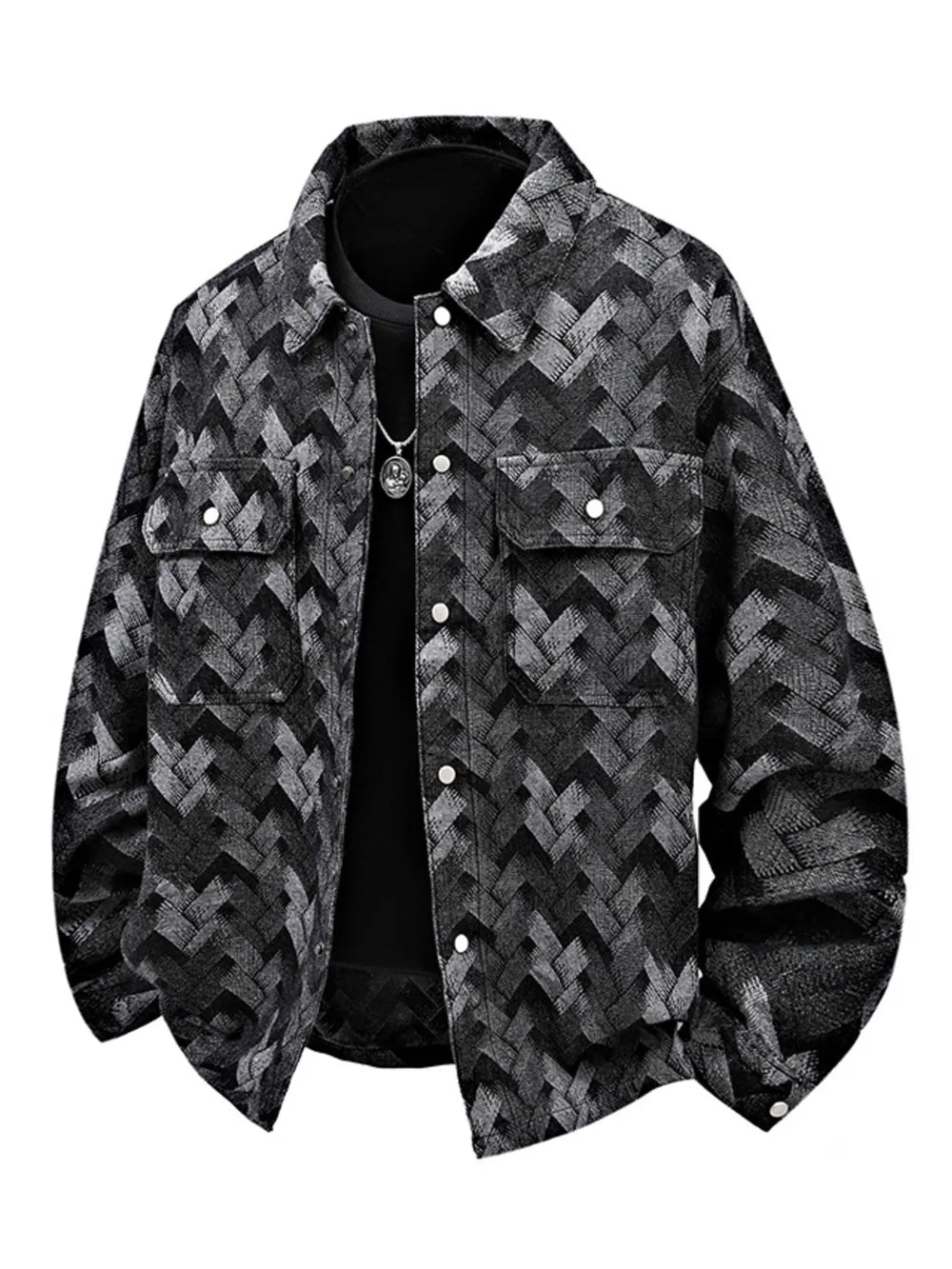 Men's Geometric Patterned Denim Jacket in Black, front view