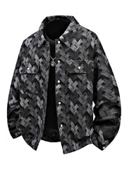 Men's Geometric Patterned Denim Jacket in Black, front view