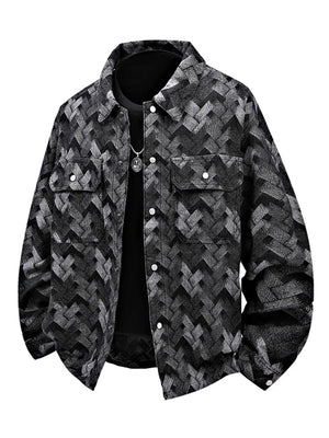 Men's Geometric Patterned Denim Jacket in Black, front view