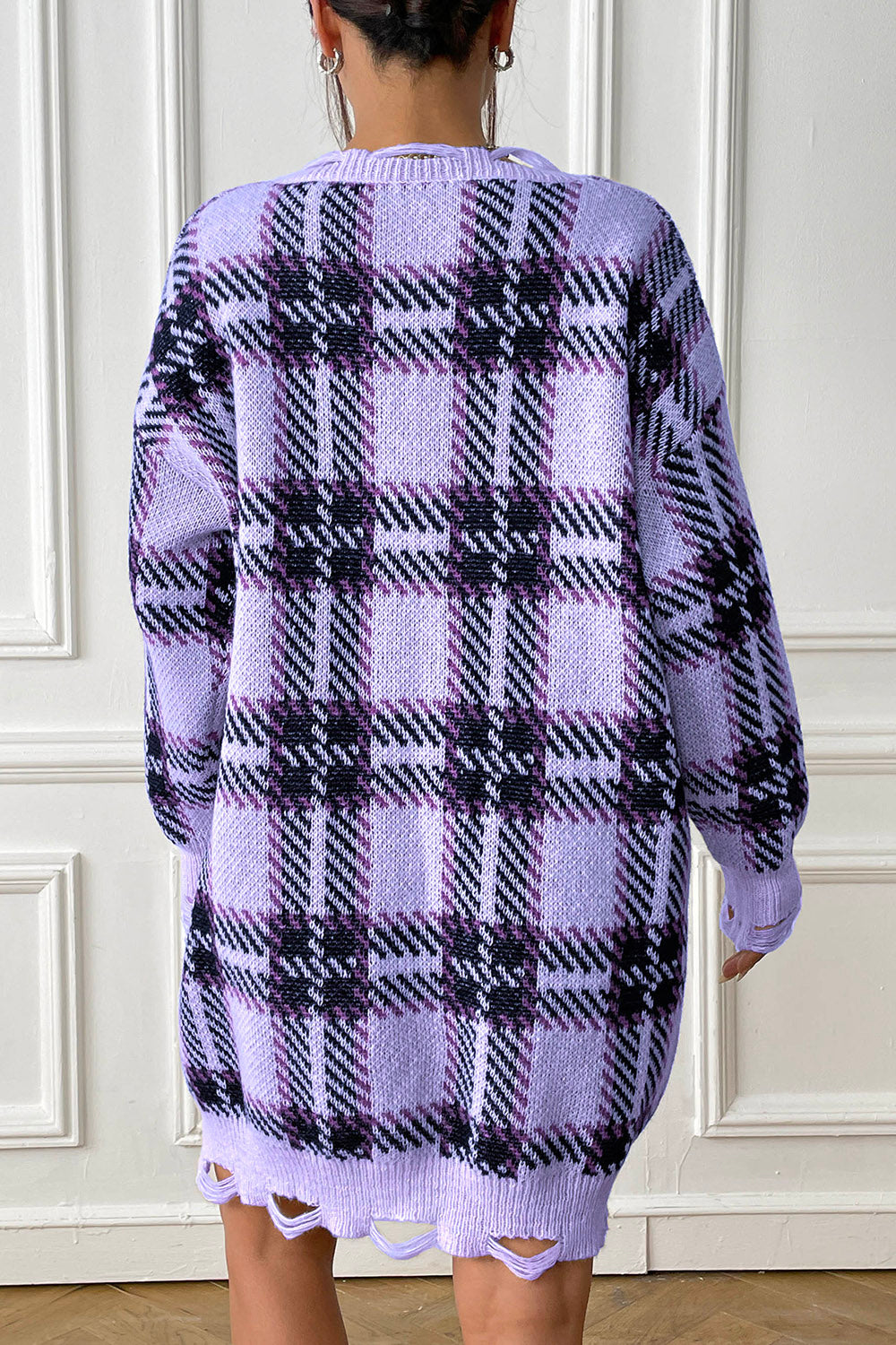 Plaid knit mini dress in light indigo with distressed hem and cuffs.