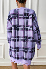 Plaid knit mini dress in light indigo with distressed hem and cuffs.