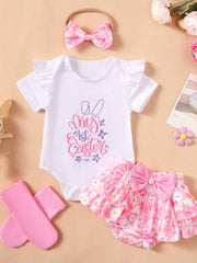White ruffled sleeve bodysuit with "My 1st Easter" graphic and pink floral bunny print skirt.