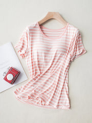 Pale blush and white striped built-in bra tee with a scoop neck and short sleeves.