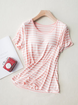 Pale blush and white striped built-in bra tee with a scoop neck and short sleeves.