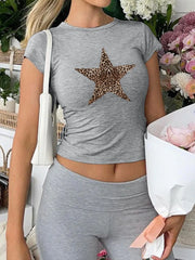 Gray fitted t-shirt with leopard print star detail