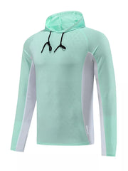 Men's lightweight hooded sweatshirt in light green with white side panels and geometric pattern.