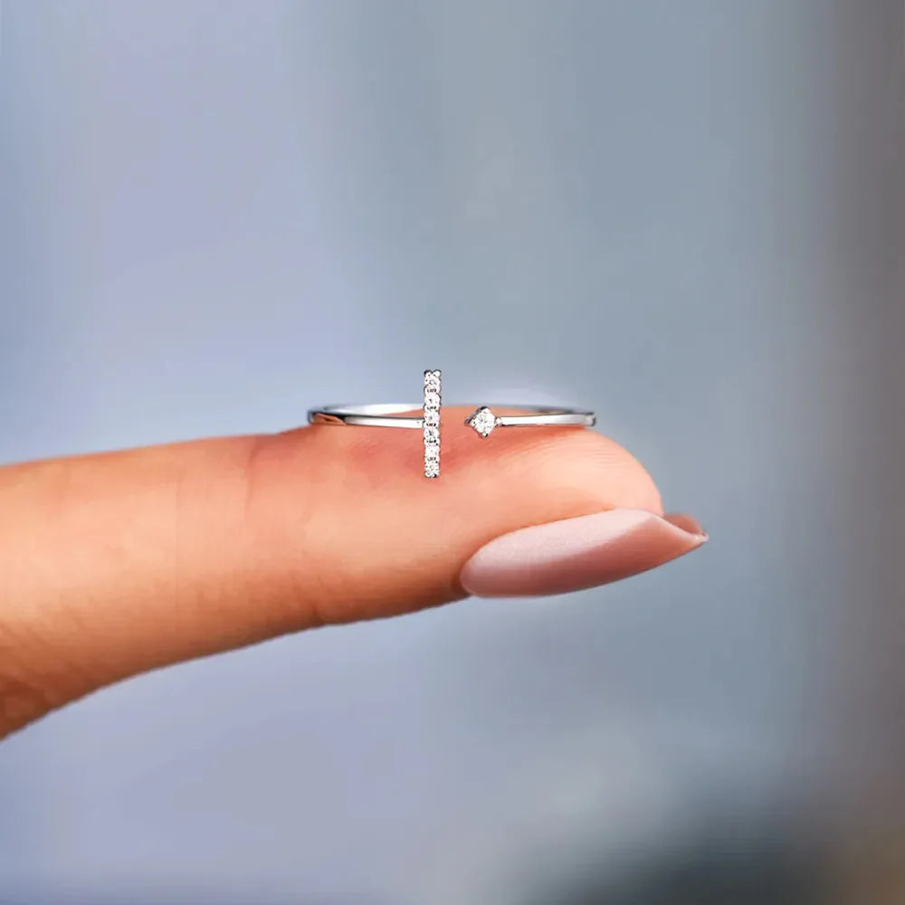 Silver bar and dot ring with pave detail, 18K gold-plated