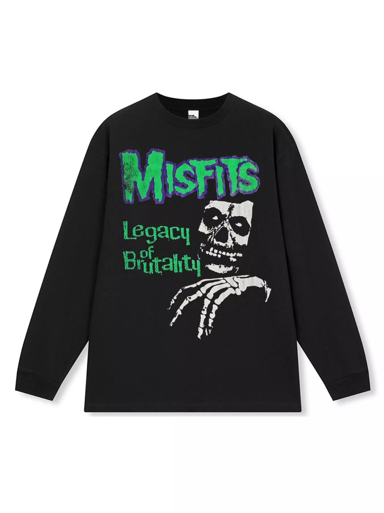 Black long-sleeve sweatshirt with Misfits graphic and skeleton detail.