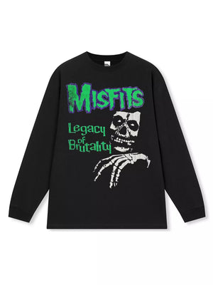 Black long-sleeve sweatshirt with Misfits graphic and skeleton detail.